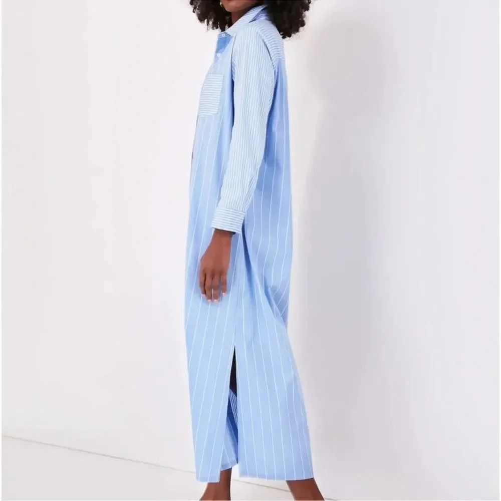 Pomander Place Chessie Stripe Maxi Shirt Dress Women's XS Blue White Belted NWT